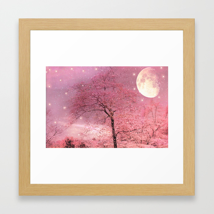Surreal Fantasy Fairy Tale Pink Nature Trees Stars Full Moon Framed Art Print By Kathyfornal Society6