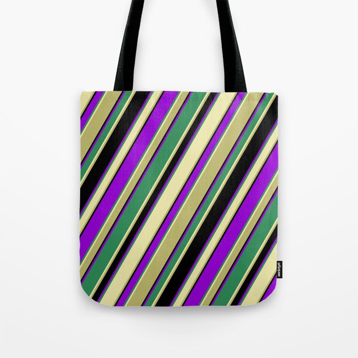 Colorful Sea Green, Pale Goldenrod, Dark Khaki, Black & Dark Violet Colored Lined Pattern Tote Bag