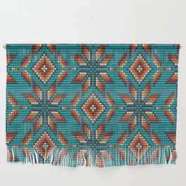 Modern colorful beaded boho aztec kilim pattern on teal Wall Hanging