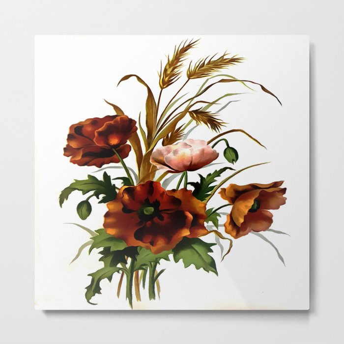 Poppies And Wheat Botanical Art Metal Print