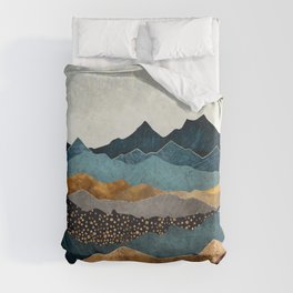 Amber Dusk Duvet Cover | Digital, Hills, Grey, Blue, Watercolor, Graphicdesign, Red, Mountains, Landscape, Gold 