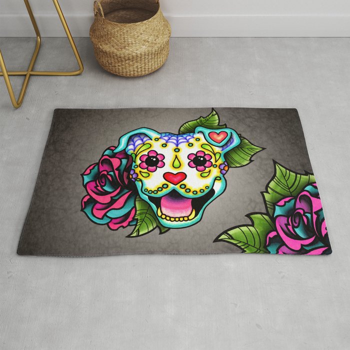 Smiling Pit Bull in White - Day of the Dead Pitbull Sugar Skull Rug