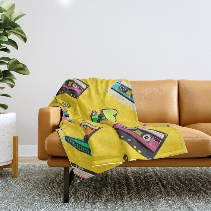 70's, 80's cassette tape vintage retro background. Fashionable poster simple graphic old style with heart and flash. Disco love party 1980. Yellow Throw Blanket