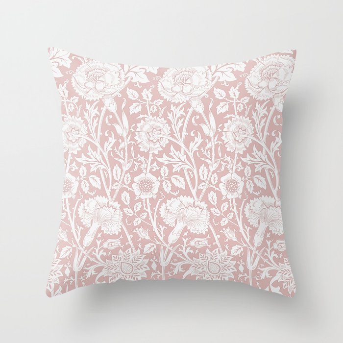 William Morris Vintage Pink & Rose Floral Pink & White Throw Pillow