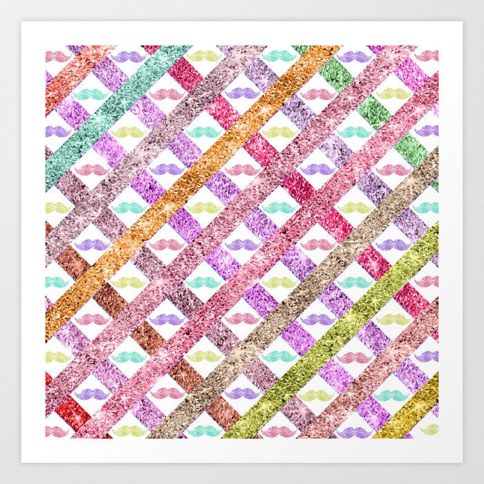 Girly Colorful Glitter Mustaches Stripes Pattern Art Print