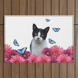Black and white Cat with Gerbera Flowers Outdoor Rug