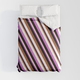 [ Thumbnail: Sienna, White, Orchid & Black Colored Striped Pattern Comforter ]