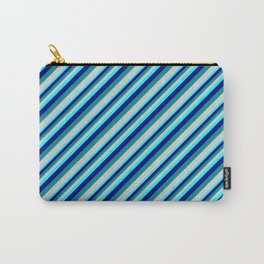 [ Thumbnail: Aqua, Blue, Dark Cyan, and Light Gray Colored Lined/Striped Pattern Carry-All Pouch ]