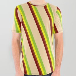 [ Thumbnail: Vibrant Maroon, Tan, Green, Yellow & Brown Colored Lined/Striped Pattern All Over Graphic Tee ]
