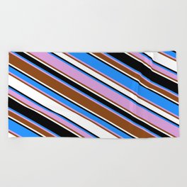 [ Thumbnail: Blue, Plum, Brown, White & Black Colored Lined/Striped Pattern Beach Towel ]