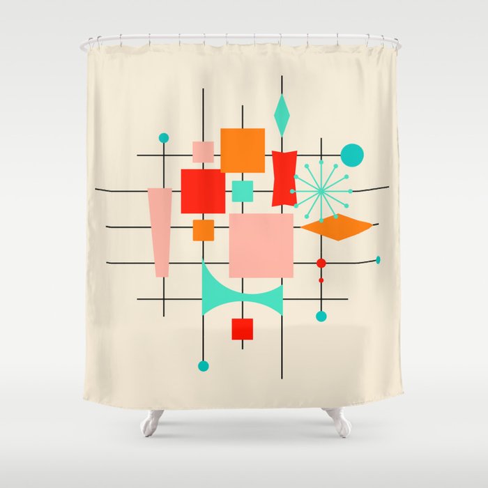 Mid Century Modern Design Art in Pink Red Orange Turquoise Shower Curtain