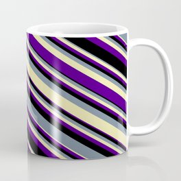 [ Thumbnail: Light Slate Gray, Pale Goldenrod, Indigo, and Black Colored Lined/Striped Pattern Coffee Mug ]