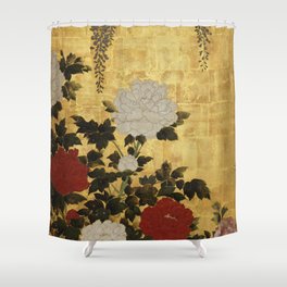 Vintage Japanese Floral Gold Leaf Screen With Wisteria and Peonies Shower Curtain