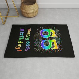 [ Thumbnail: 65th Birthday - Fun Rainbow Spectrum Gradient Pattern Text, Bursting Fireworks Inspired Background Rug ]