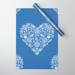 Azure Strong Blue Heart Lace Flowers Wrapping Paper