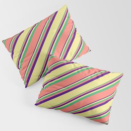 [ Thumbnail: Indigo, Tan, Sea Green, and Salmon Colored Stripes Pattern Pillow Sham ]