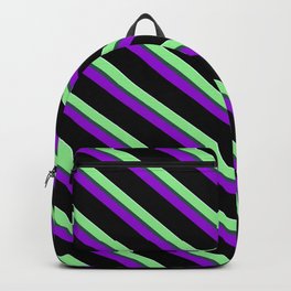 [ Thumbnail: Colorful Light Green, Dark Slate Gray, Dark Violet, Black, and Light Cyan Colored Stripes Pattern Backpack ]