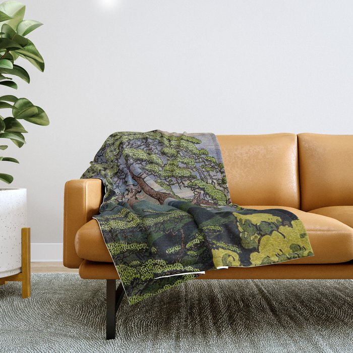 The Downwards Climbing - Summer Tree & Mountain Ukiyoe Nature Landscape in Green Throw Blanket