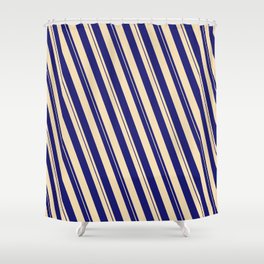[ Thumbnail: Midnight Blue & Tan Colored Lined Pattern Shower Curtain ]