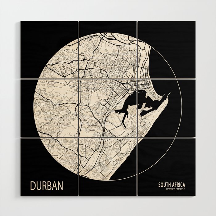 Durban City Map of KwaZuluNatal, South Africa Full Moon Wood Wall