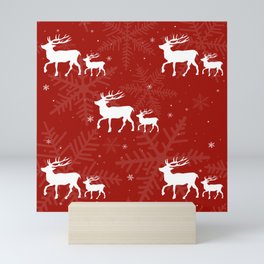 Reindeers In The Snow - (Red) Mini Art Print