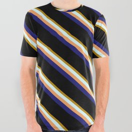 [ Thumbnail: Vibrant Dark Goldenrod, Light Cyan, Brown, Midnight Blue & Black Colored Stripes/Lines Pattern All Over Graphic Tee ]