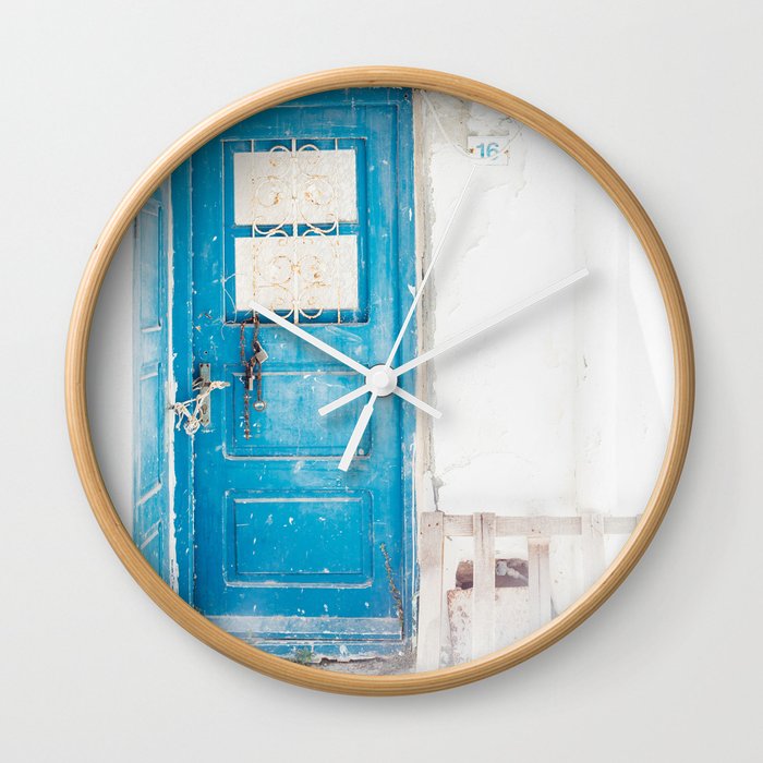 Blue Door in Old Greek House - Travel Photography - Greece Architecture Wall Clock