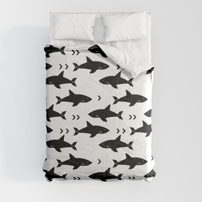 Sharks - shark week trendy black and white minimal kids pattern print Comforter