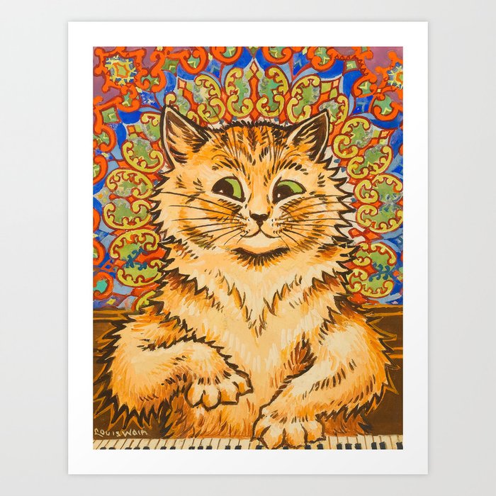 Cat Playing a Piano in Front of a Psychedelic Background by Louis Wain Art  Print