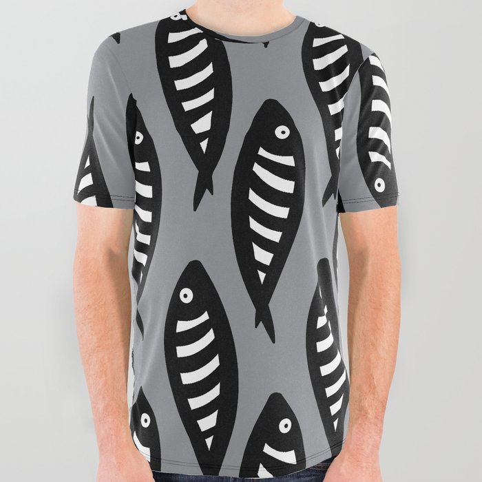 Abstract black and white fish pattern Pale blue All Over Graphic Tee
