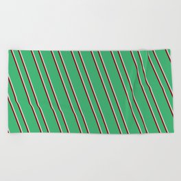 [ Thumbnail: Sea Green, Light Gray, and Maroon Colored Lined Pattern Beach Towel ]