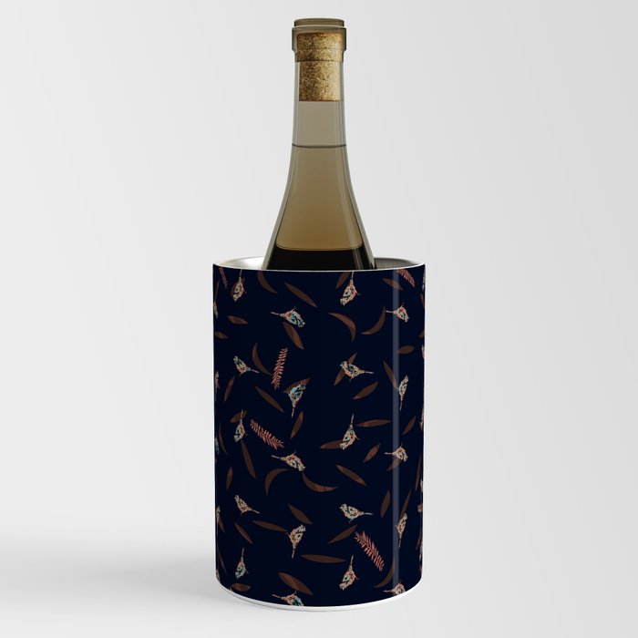 Graphic Birds and Leaves Brown and Navy Blue Wine Chiller