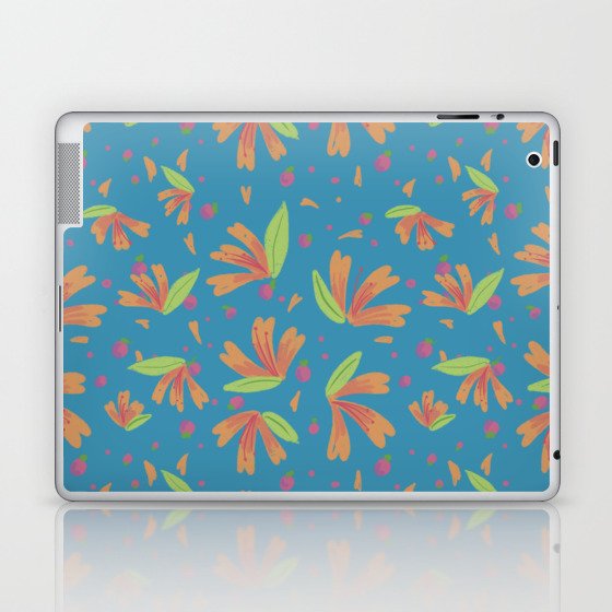 Floral blue pattern, orange summer flowers Laptop & iPad Skin
