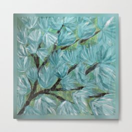 Abstract Teal Flowers on a Branch Painting Metal Print