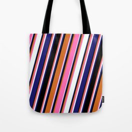 [ Thumbnail: Chocolate, Hot Pink, Mint Cream, Midnight Blue & Black Colored Lines/Stripes Pattern Tote Bag ]