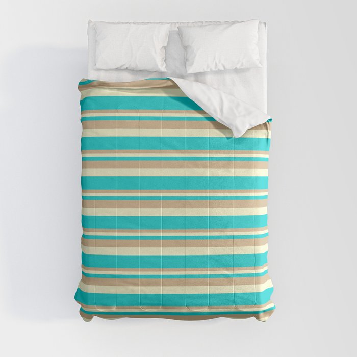 Tan, Light Yellow, and Dark Turquoise Colored Lined Pattern Comforter