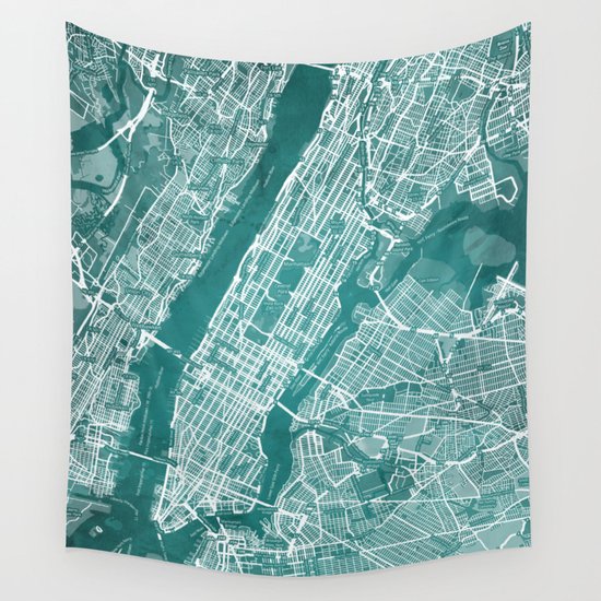 Turquoise Teal Wall Art Showing Manhattan New York City Brooklyn And New Jersey Wall Tapestry By Map Your World Society6