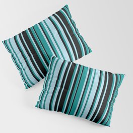 [ Thumbnail: Light Blue, Dark Cyan & Black Colored Striped Pattern Pillow Sham ]