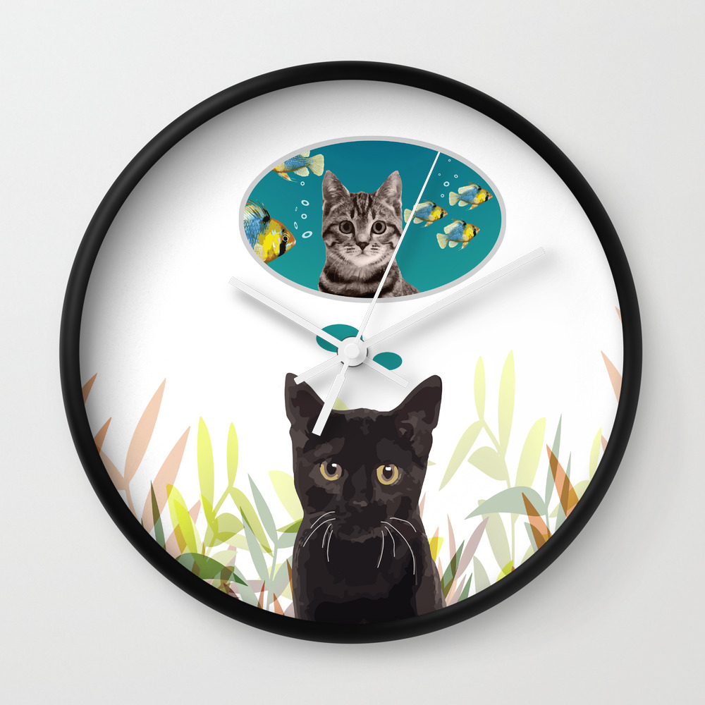 Black Cat Dreaming Of Fishing Cat Wall Clock By Move Art Society6