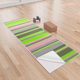 [ Thumbnail: Light Pink, Dark Grey, Dark Olive Green, and Chartreuse Colored Lines/Stripes Pattern Yoga Towel ]
