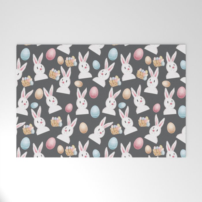 Easter Bunny And Eggs Pattern- Grey Welcome Mat