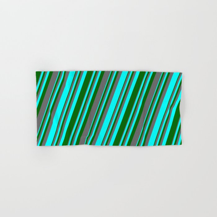Aqua, Dark Green & Dim Grey Colored Lines/Stripes Pattern Hand & Bath Towel