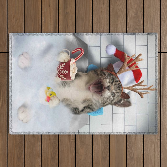 Cat Kitty Christmas Xmas Bathing Bath Funny Reindeer Deer Outdoor Rug