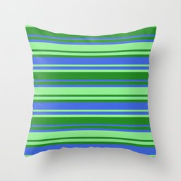 [ Thumbnail: Forest Green, Royal Blue & Light Green Colored Striped Pattern Throw Pillow ]