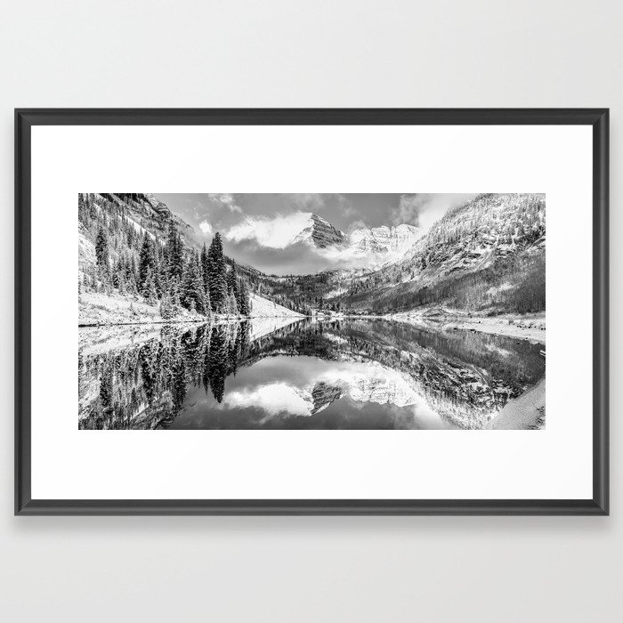 Winter Wonderland - Maroon Bell Panoramic - Black and White Framed Art Print