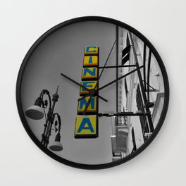 Yellow Cinema Sign in Bordighera Black and White Photography Wall Clock