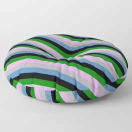 [ Thumbnail: Vibrant Plum, Dark Grey, Blue, Black & Green Colored Stripes Pattern Floor Pillow ]