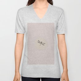Sketched Dragonfly and Watercolor Brush Stroke on Pale Pink V Neck T Shirt
