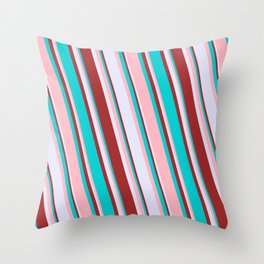 [ Thumbnail: Dark Turquoise, Light Pink, Lavender & Brown Colored Lines Pattern Throw Pillow ]