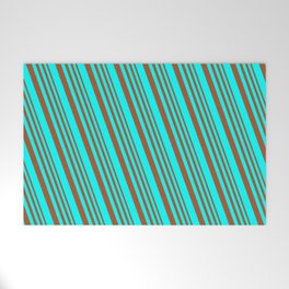 [ Thumbnail: Sienna and Cyan Colored Lined/Striped Pattern Welcome Mat ]